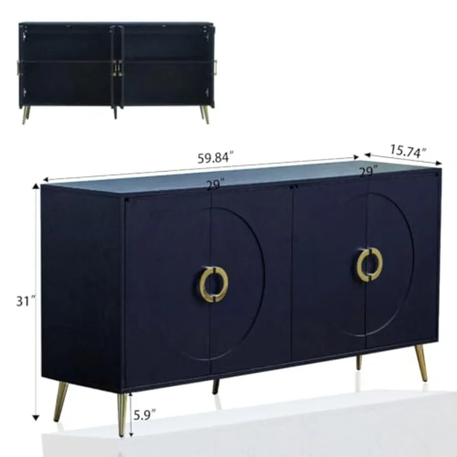 Living room sideboard cabinet: Italian luxury 60 wood grain 4-door round embossed credenza with gold handles, modern storage co
