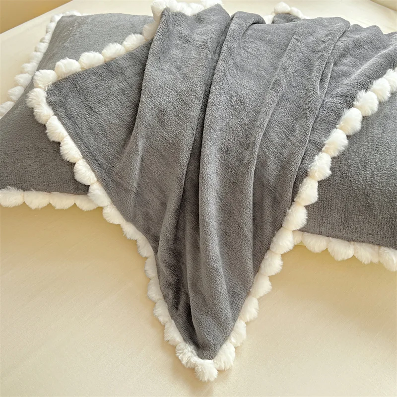 New Arrival Autumn Winter Milk Velvet Pillowcase with Pom‑pom Lace, Fashion Simple Versatile Pillow Insert Protector