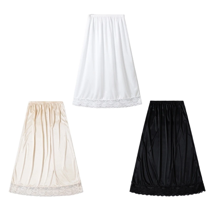 

Women Lace Trim Half Slip Midi Long Underskirt Under Dress Slip Elastic Waist Long Petticoat Ice Silk Invisible Skirt N7YF