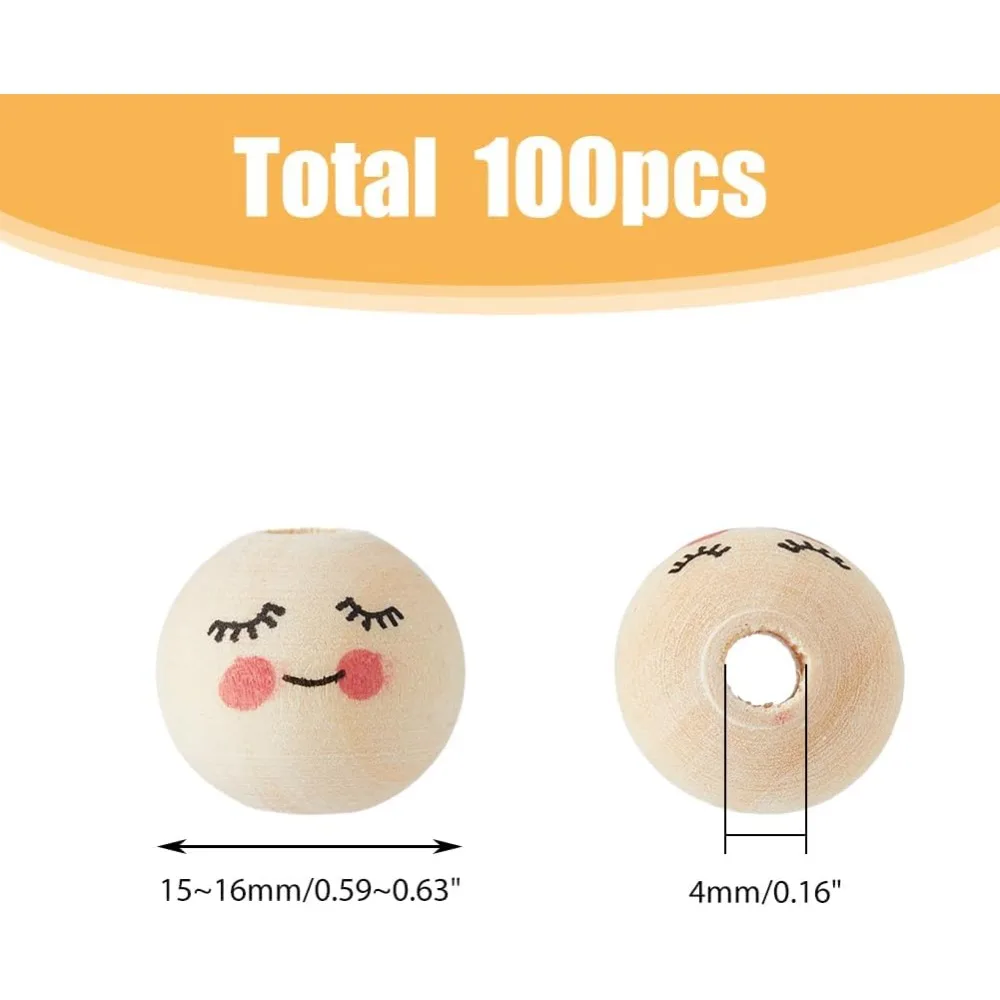 100Pcs Round Wooden Beads Smile Face Printed Wood Beads 4mm Hole Spacer Ball Bead 15mm Smooth Wooden for DIY