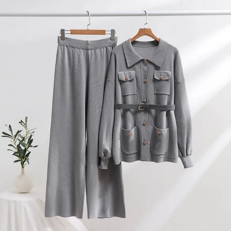 Autumn Winter Knitted Sweater Pants Suit Polo Collar Loose Sweater Coat High Waist Wide Leg Pants Women Two-piece Sets Elegant