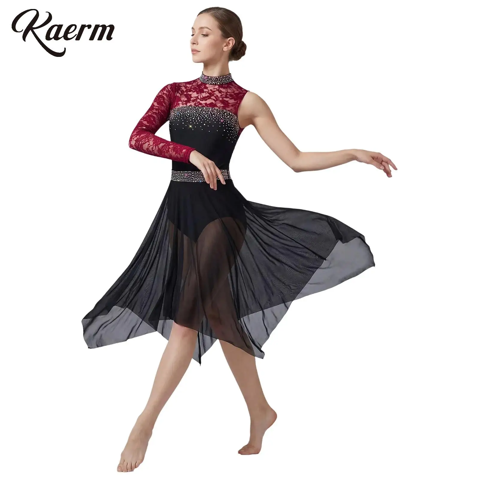 

Women Modern Lyrical Dance Dress Floral Lace One Shoulder Long Sleeve Gymnastics Ballet Leotard Rhinestone Mesh Waltz Performanc