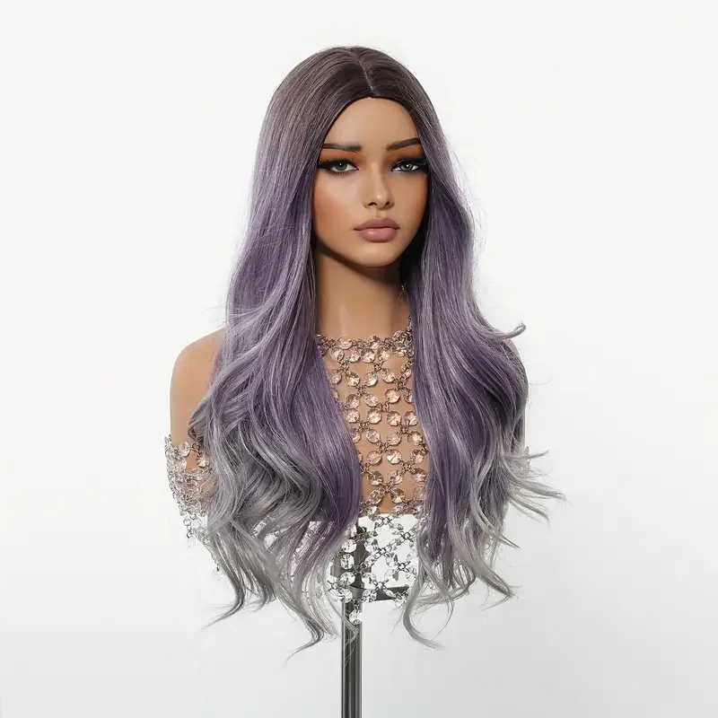Testar Dark Purple To Light Gray Long Wavy Synthetic Wig Smooth Shiny Heat Resistant Daily Party Wig For Women Synthetic Hair