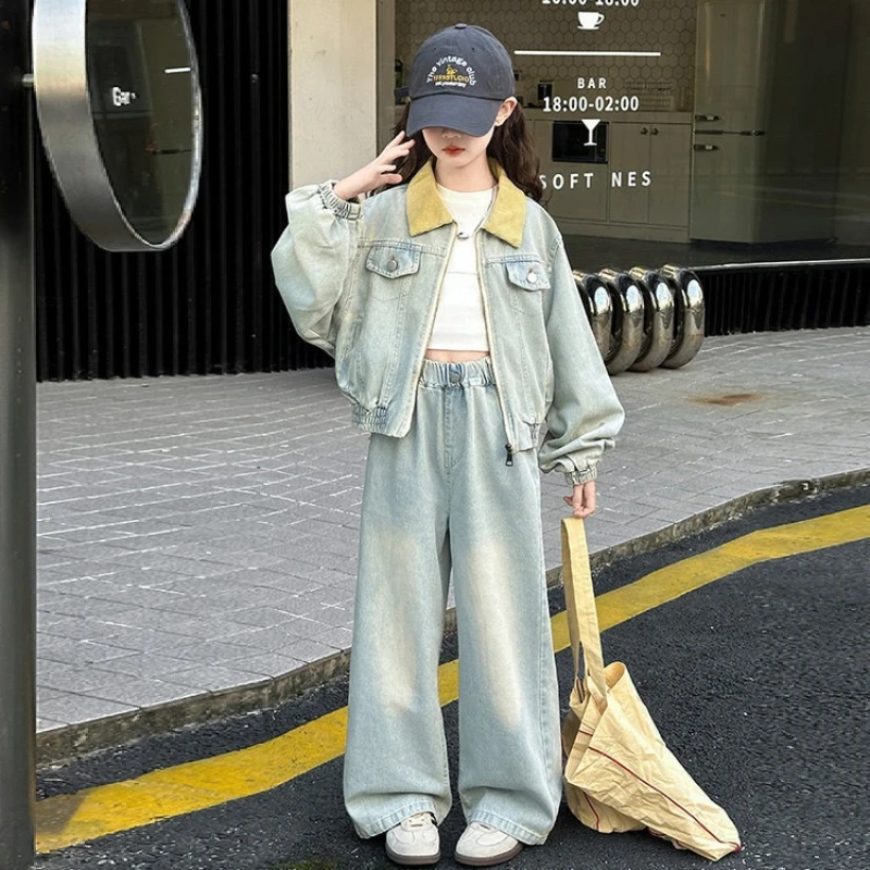 

2025 Autumn New Children's Contrasting Collared Zipper Denim Jacket and Wide Leg Pants Two-piece Set