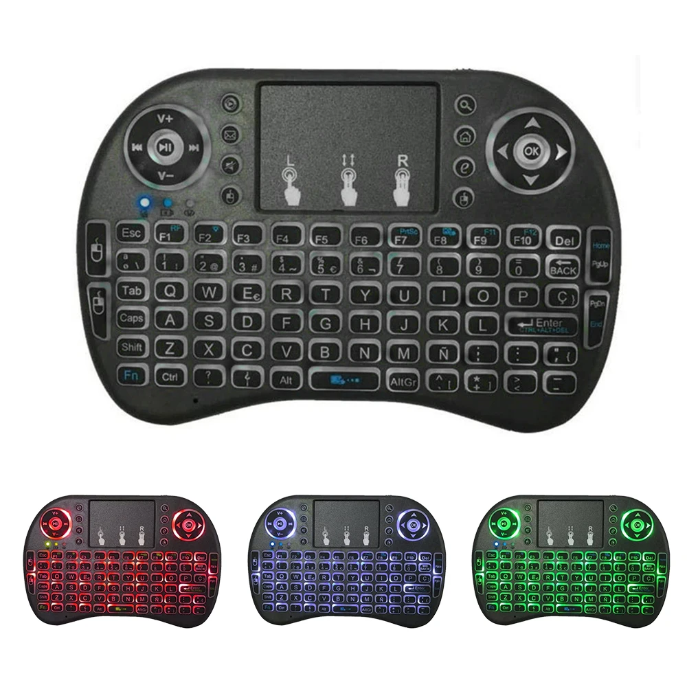 I8 Mini คีย์บอร์ดไร้สาย 2.4G Bluetooth 3 สี Backlit ภาษาอังกฤษรัสเซีย Air Mouse รีโมททัชแพดสําหรับ Android TV Box PC แล็ปท็อป