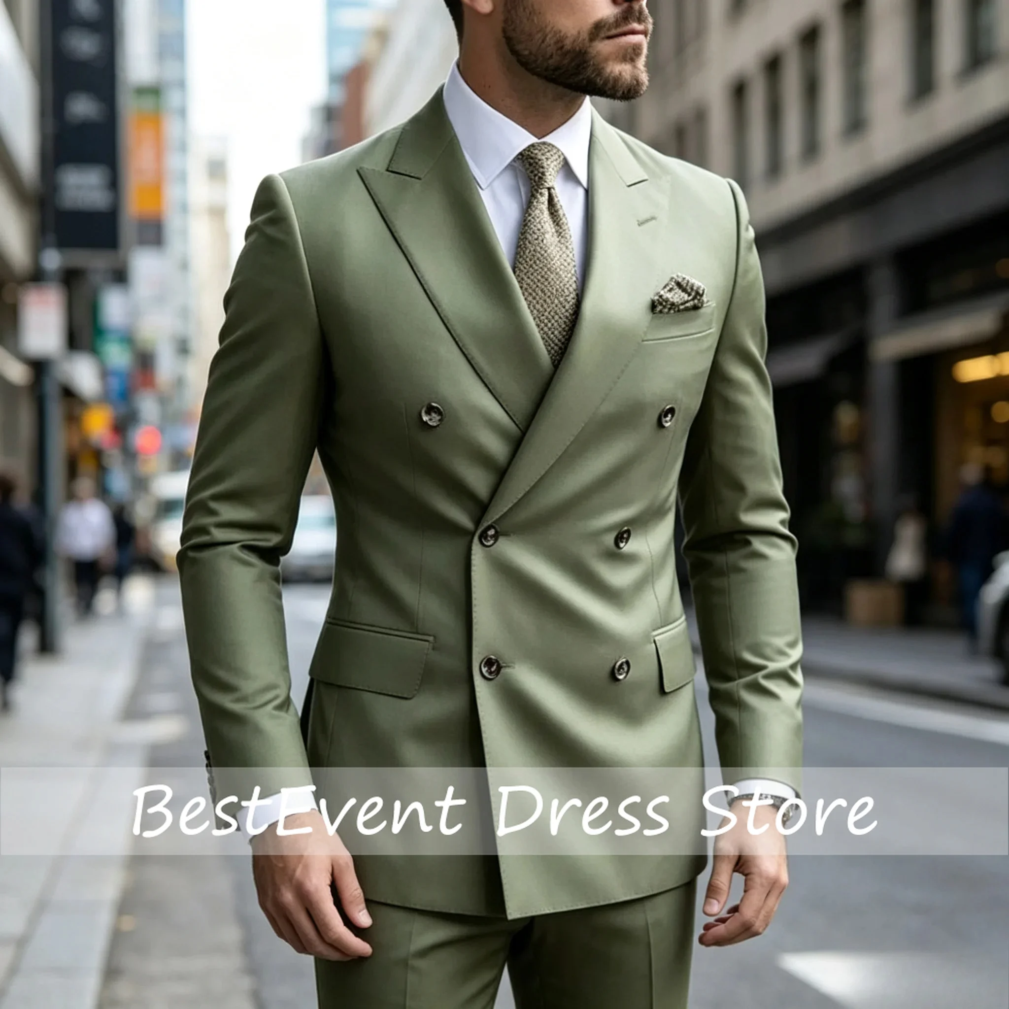 Sage Green Men's Wedding Suits Solid Color 2 Piece Daily Double Breasted Blazer Pants Formal Business Suit Set Customized