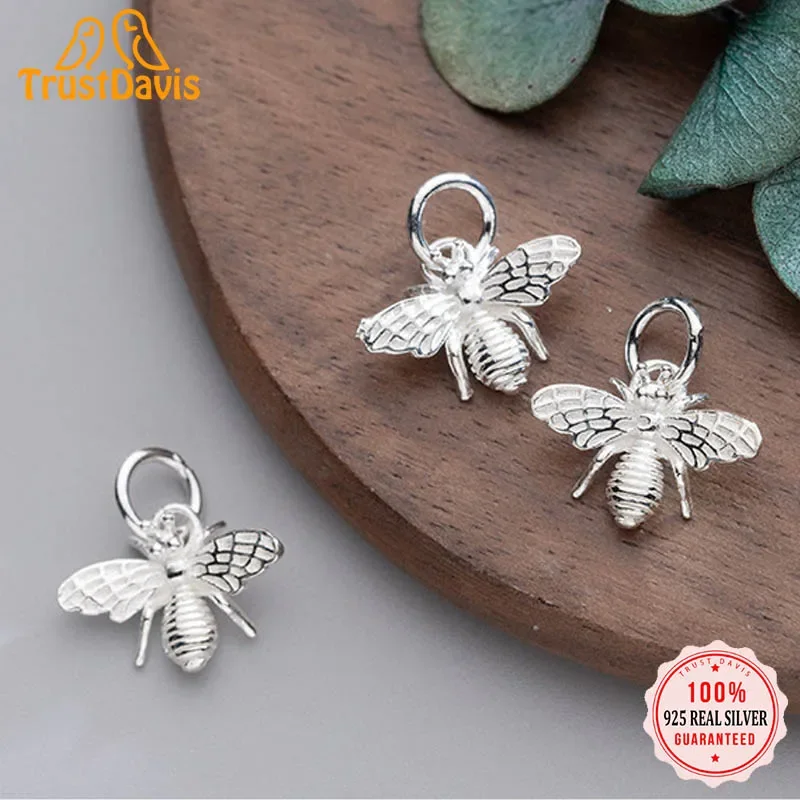TrustDavis  Real 925 Sterling Silver Fashion Sweet 3D Busy Bees Charm Pendant Handmade DIY Accessories Jewelry Wholesale DZ117