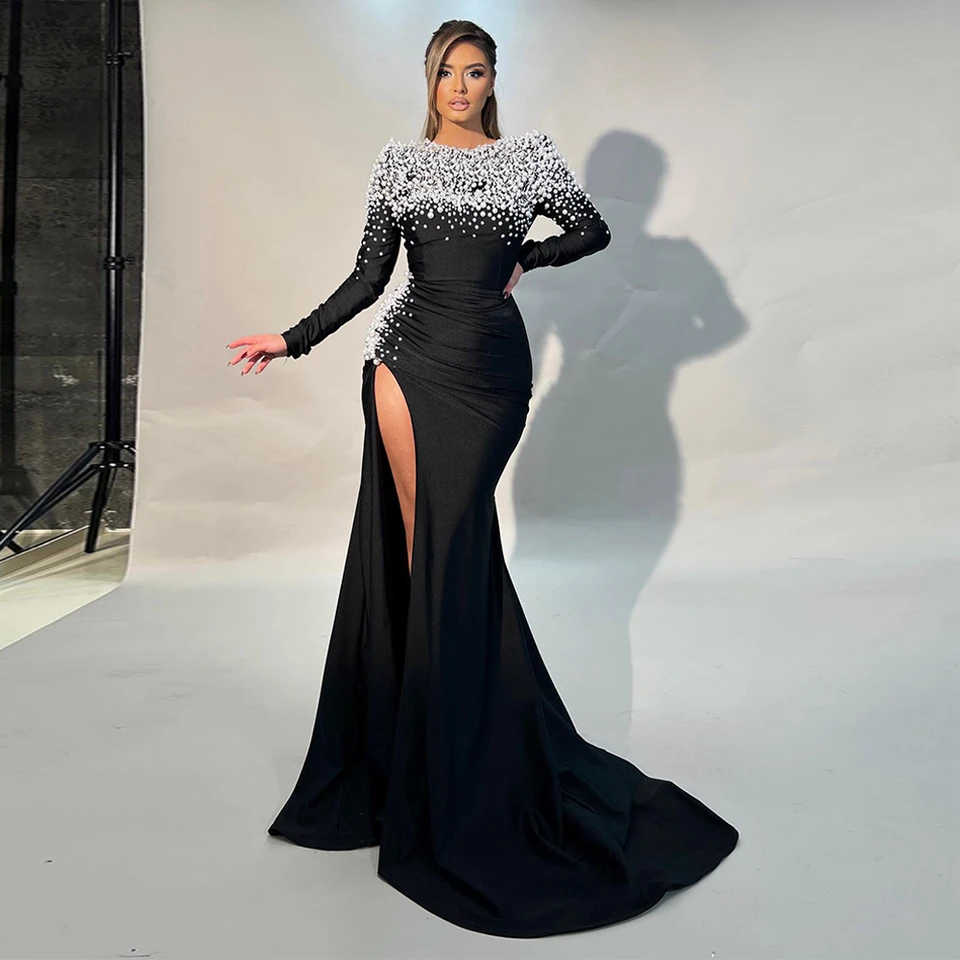 black long sleeve dress with pearls Luxury White Evening Round Neck Sleeves High Slit Pageant Party Gown Sweep Train Mermaid Prom Dresses Slim Fit Fabric group_ Lavinia Mini Dress Wedding Dress Ivory 2026 Size:EU 34/US 4.5