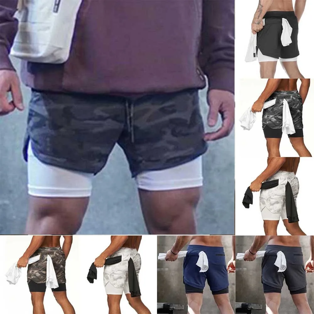 Men\\\'s Fitness Shorts Sports Leisure Multi Pocket Loose Double Layer Sports Pants White And Gray Camouflage Size B