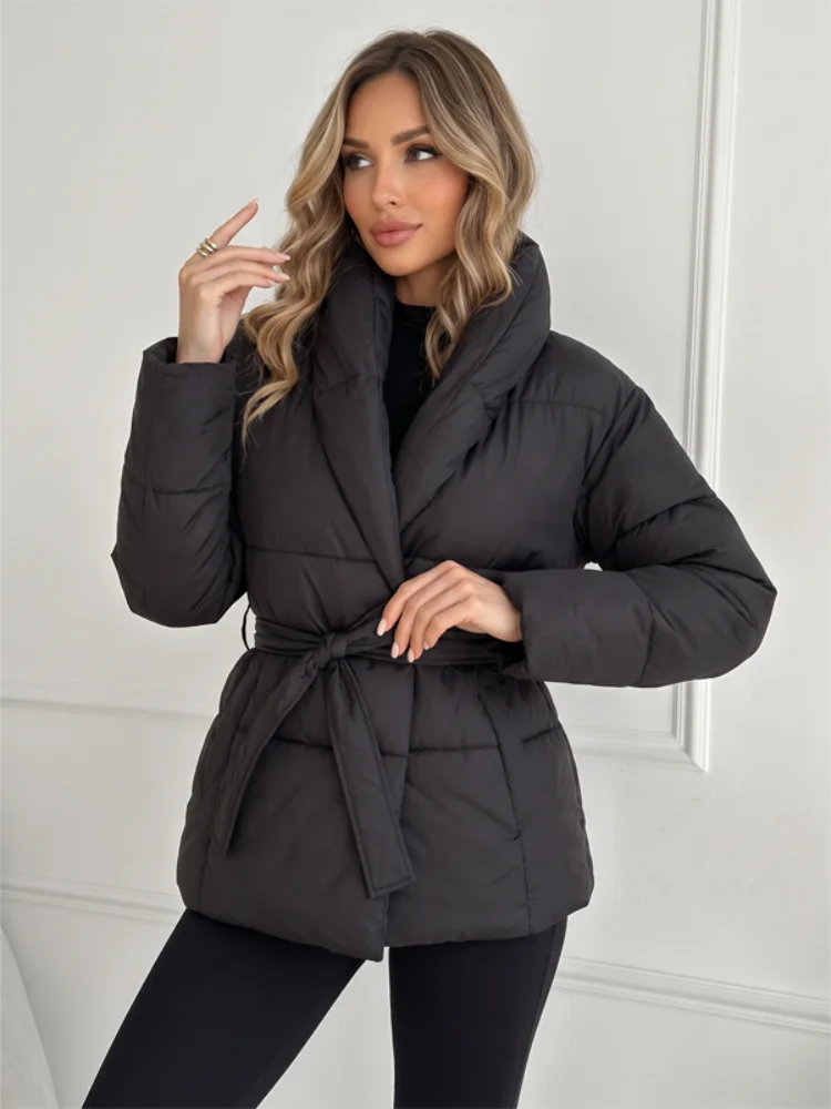 Women Black Padded Puffer Jacket Wrap V Collar Belted Waist Long Sleeve Solid Warm Elegant Trendy Casual Commute Thick Outerwear