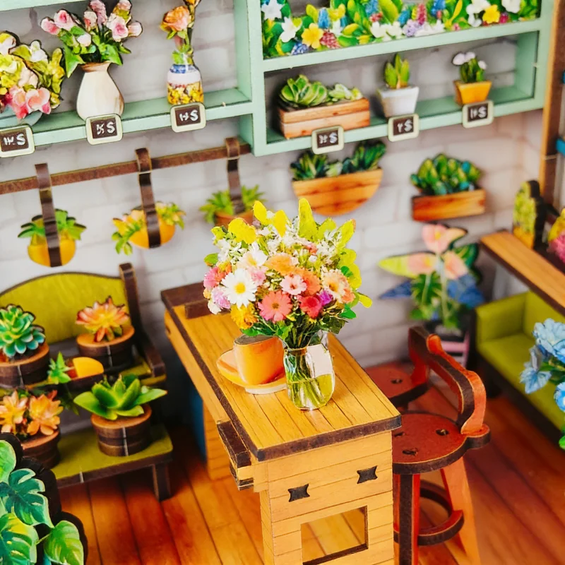 OUZEY Floral Art Shop Book Nook, drewniana miniatura 3D do samodzielnego montażu, kreatywny prezent na biurko dla nastolatków