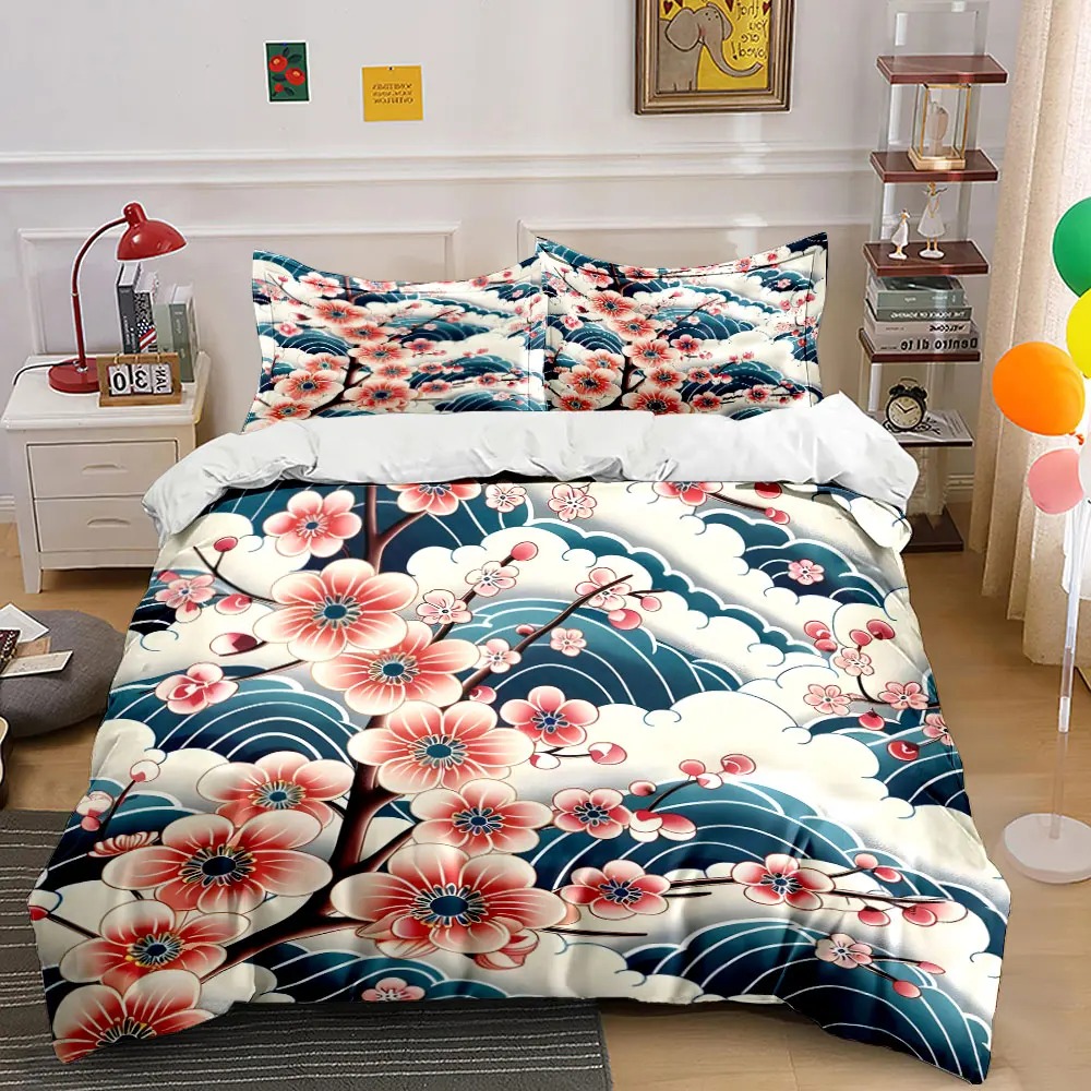 Sakura and wave background Print Bedding Set 1 Duvet Cover 2 Pillowcases for Adult and Children Luxury Gift Full Size