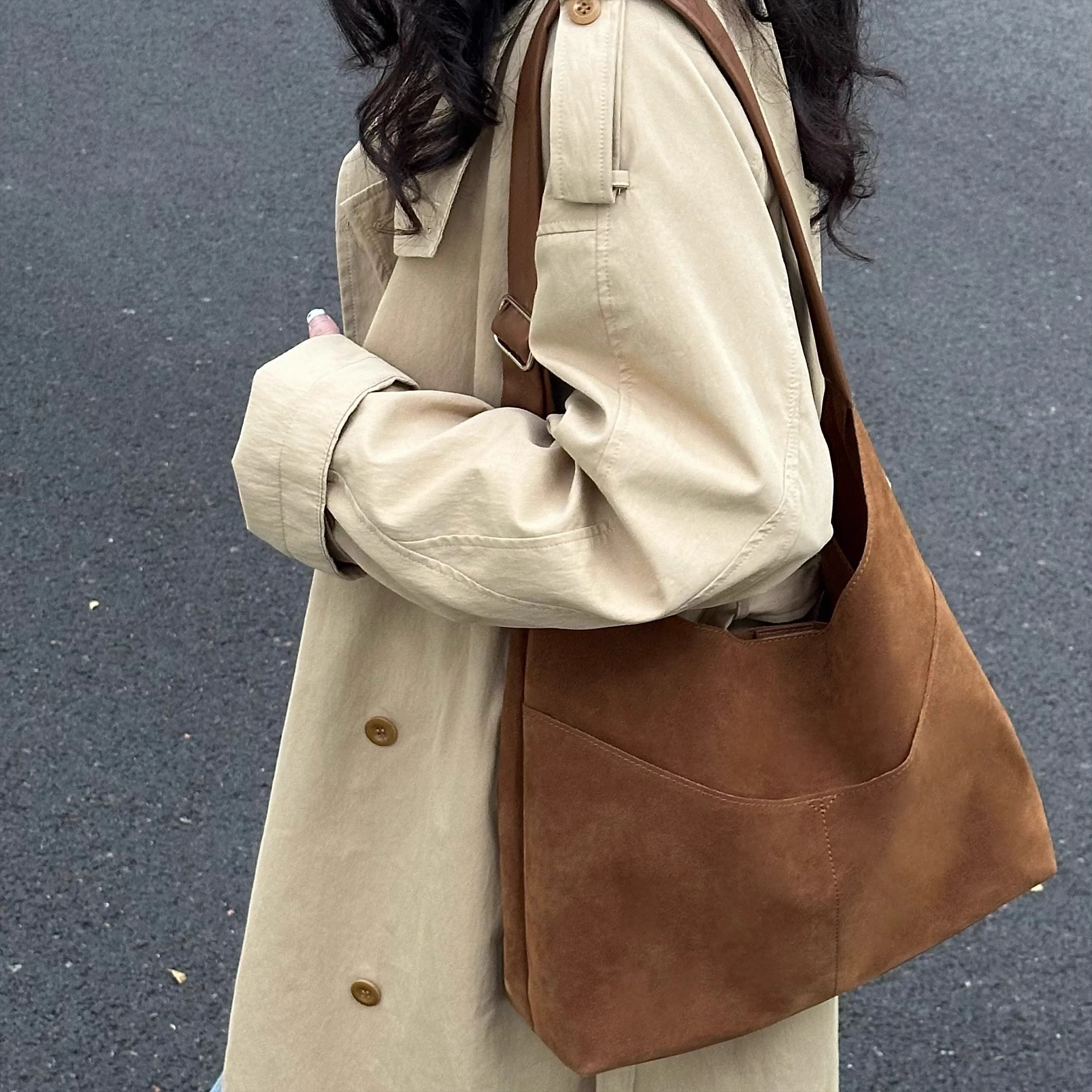 

Новинка 2026, женская сумка-тоут, большая сумка Capaci, замша, матовый кофейный цвет, повседневная простая сумка