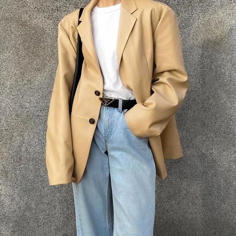 

Autumn and Winter 2021 New Women's Long-sleeved Temperament Trend Solid Color Lapel Single-breasted Loose-fitting Glossy Jacket