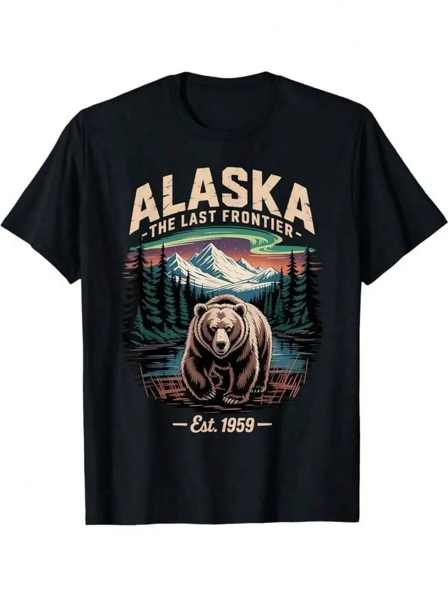 Alaska's Last Frontier 1959 With Gold Map, Bear And Moose Pattern Outdoor Enthusiast Round Neck T-Shirt Alaska Theme 100% Cotton