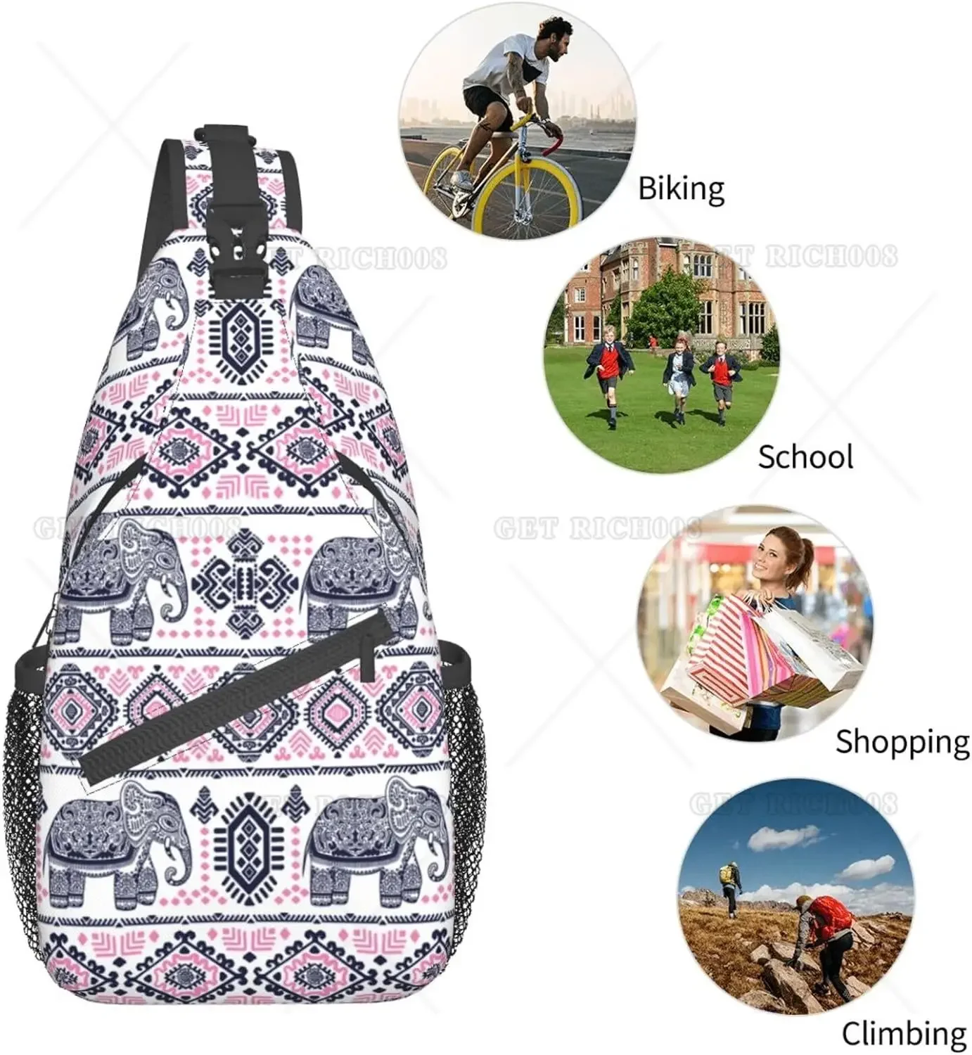 Boho Mandala Elephant Sling Bag for Women Men Travel Hiking Backpack Crossbody Shoulder Chest Bags Casual Daypack Sport