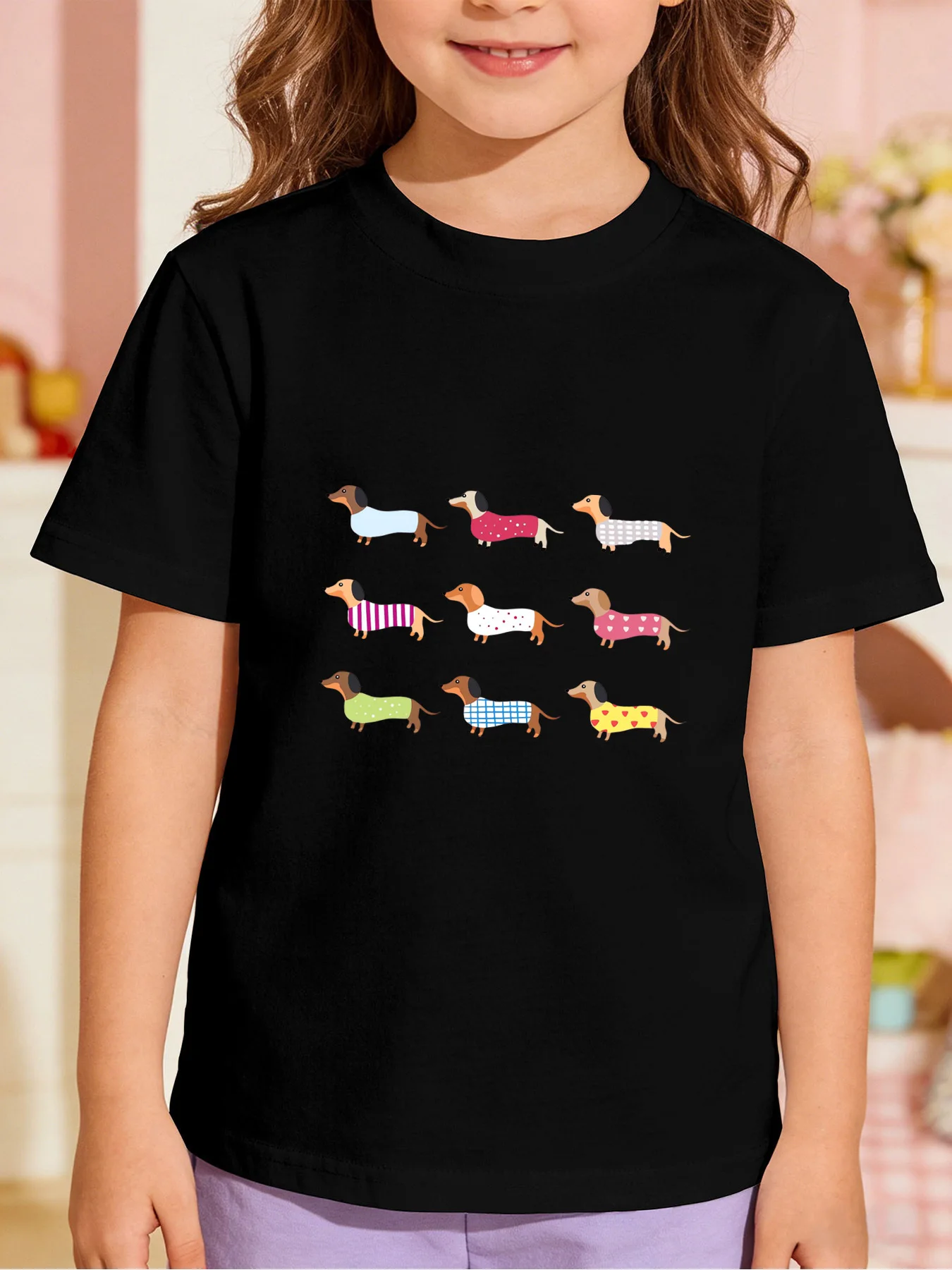 Colorful Dachshund Puppy Kid Tee Cartoon Print Boys Girl Family Matching Cotton Short Sleeve Summer Casual Basic Children Tshirt