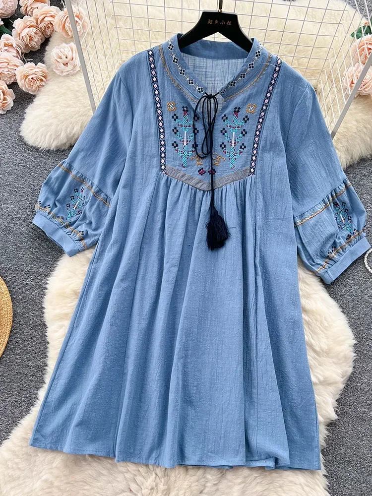 Women Summer Dress Ethnic Style Dress New Embroidered Bubble Sleeves Loose and Slim with A Foreign Style Short Dress D4139