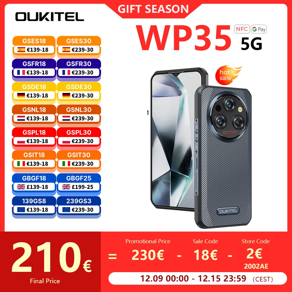 Oukitel WP35 5G Rugged Smartphone 6.6 Inch 2.4K MediaTek Dimensity 6100+24GB+256GB 64MP Camera Mobile Phone Android 14 11000 mAh