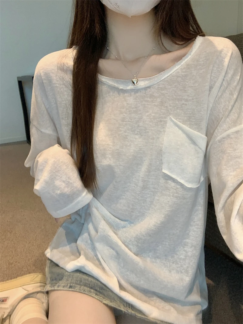 Top de algodão de bambu feminino com decote em u solto ajuste fino manga longa protetor solar camiseta outono novo