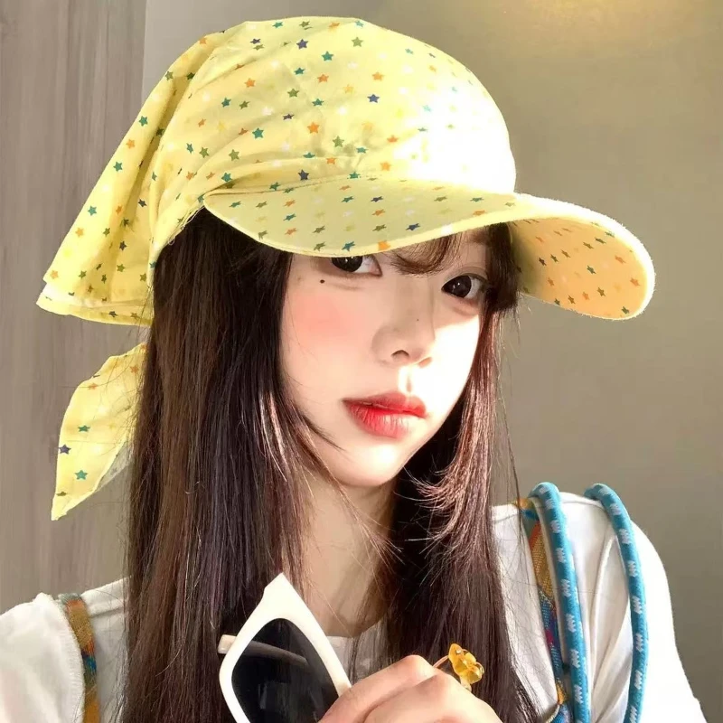 

Y2K Star Print Long Tail Baseball Cap Kawaii Soft Scarf Hat UV Protection Visor Cap Streetwear Sun Hat for Women Girls