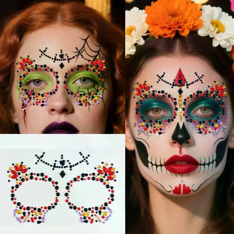 Colorful Flower Skull Face Jewel Stickers With Sparkly Rhinestone Self Adhesive For Halloween Cosplay Makeup