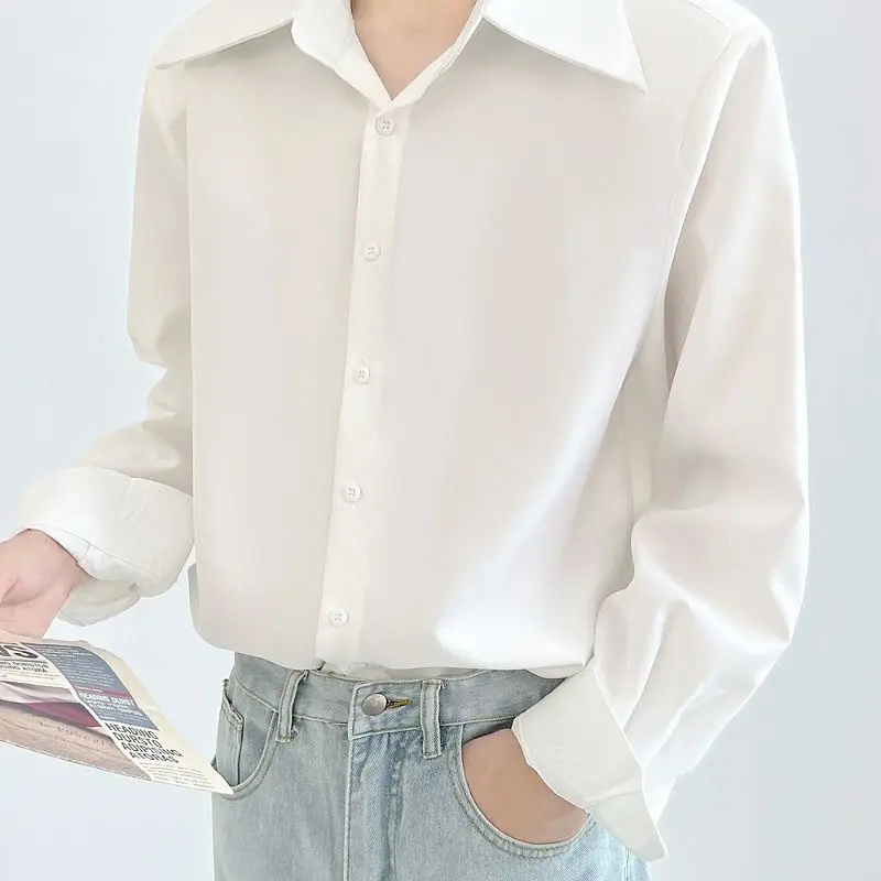 Men New Clothing Spring Autumn Polo Collar Solid Color Long Sleeve Loose Shirts Simplicity All-match Fashion Korean Casual Top