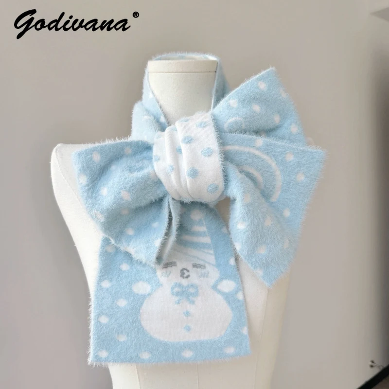 

Оригинальный шарф в горошек со снеговиком акварельного цвета, новый зимний шарф для женщин и девочек, синий и белый, милый супермягкий шарф из искусственной норки для волос