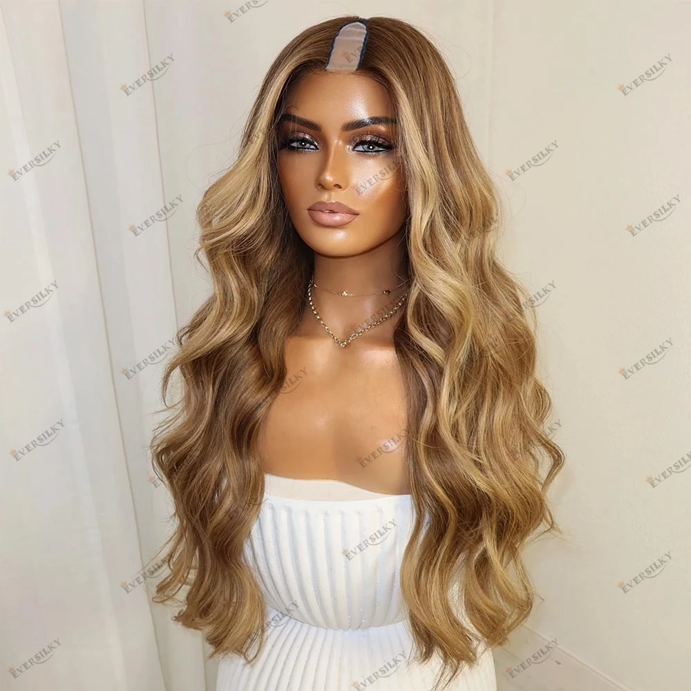 

Парик из натуральных волос Honey Blonde Highlight Body Wave с V-образным вырезом, коричневая основа, машинная работа, волнистый, длинный, балаяж, индийские волосы Remy, U-образный парик