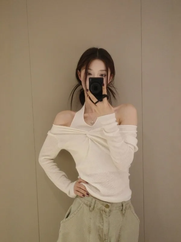 

Белая вязаная базовая кофта с длинным рукавом для женщин, осенне-зимний свитер, облегающий топ с открытыми плечами Pure Desire