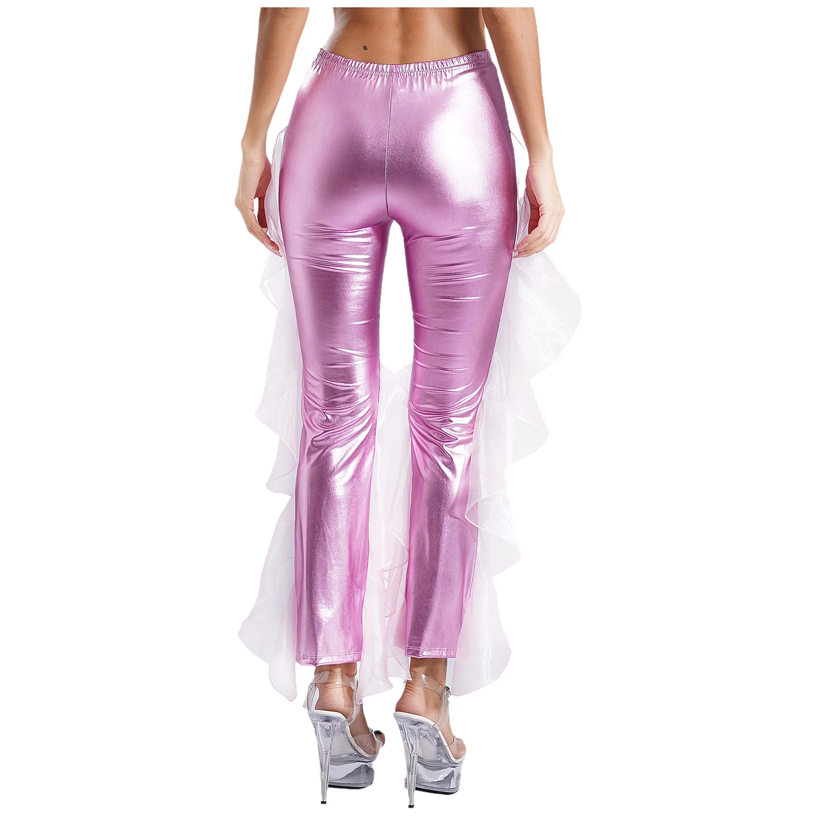 Women 70s Disco 80s Dance Pants Hippie Costume Metallic High Waist Ruffle Trim Flared Pants Bell Bottoms Trousers Mermaid Pants