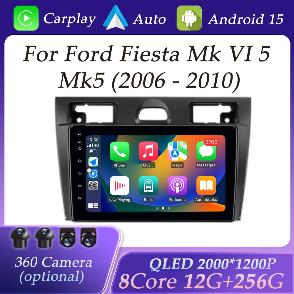 QLED Screen for Ford Fiesta Mk VI 5 Mk5 2006 - 2010 CarPlay Android Auto Car Radio Video Audio Multimedia Player GPS Navigation