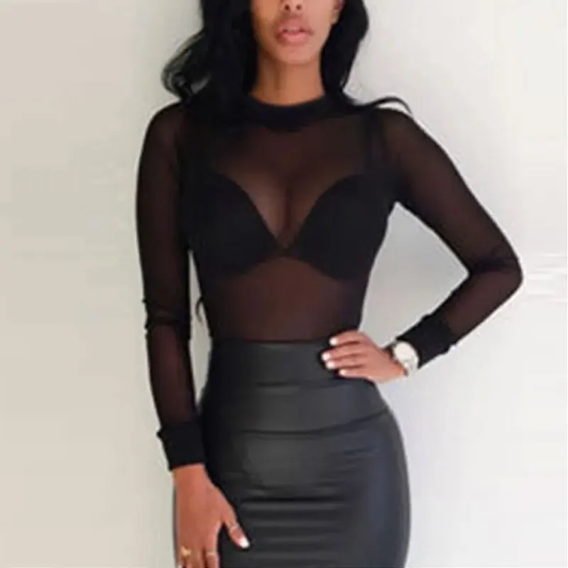 Sexy Women T Shirt See Through Transparent Mesh Tops Long Sleeve Sheer Slim Ladies Turtleneck T-Shirt