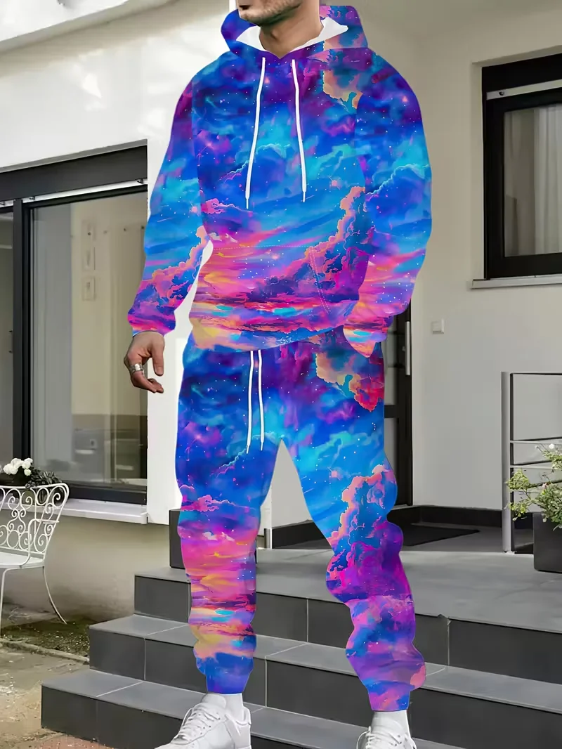 Creative Tie Dye Graphic Hoodie 2-Piece 3D Print Men Women Tracksuit Outfit Autumn/Winter Hooded Sweatshirt Sweatpants Set