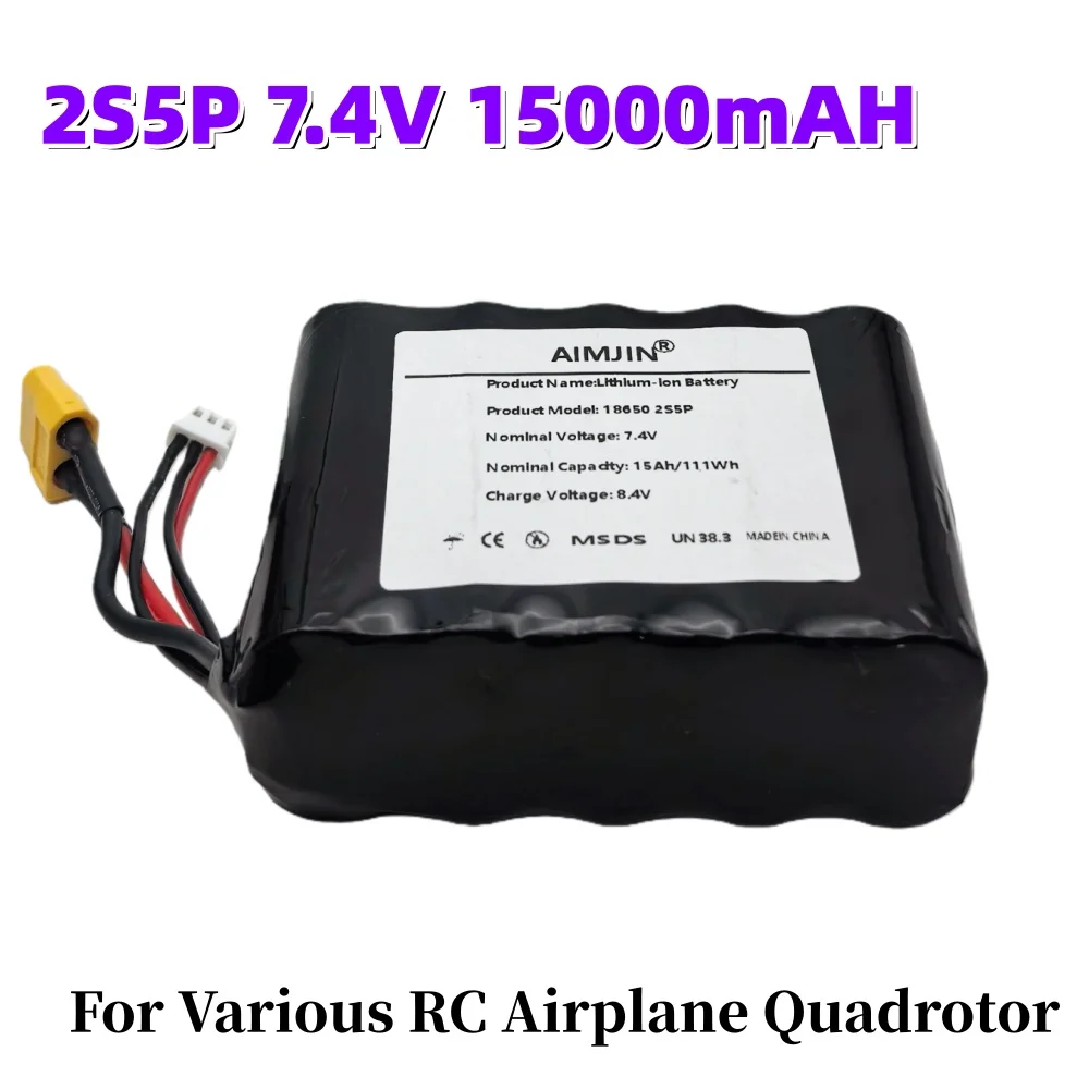 

18650 2S5P 7.4V 15Ah Rechargeable Lithium Ion Battery Pack XT60 XH2.54-3P Plug，For Various RC Airplane Quadrotor