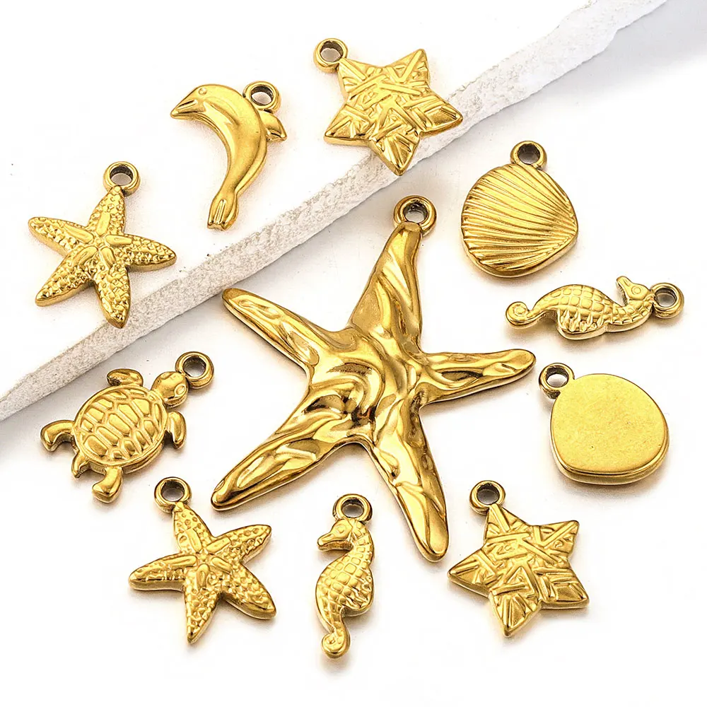 5pcs Stainless Steel Gold Plated PVD Charm Waterproof Starfish Dolphin Shell DIY Necklace Earrings Jewelry Accessories Wholesale