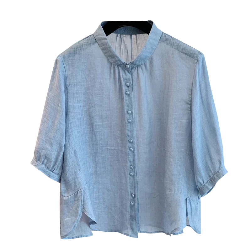 Csa de Manga Curta Respirável em Cor Sólida Estilo Coreano Fena Artística Fresca de Verão com Manga Cinco-Quartos