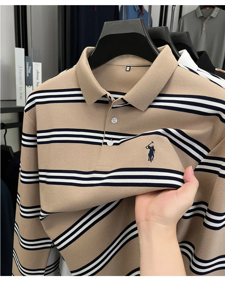 

New trendy long sleeved polo shirt for men in spring and autumn, striped embroidered lapel T-shirt