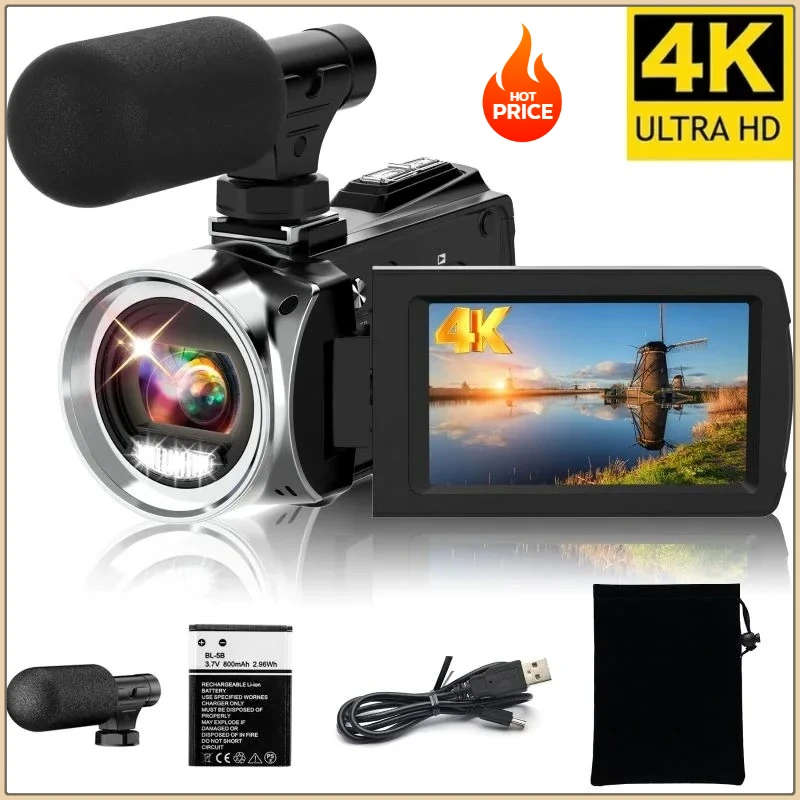 Videocámara 4K con micrófono, cámara de vídeo infrarroja Vlogging con Zoom 18X para Youtube, grabadora Digital portátil de 48MP, transmisión en vivo