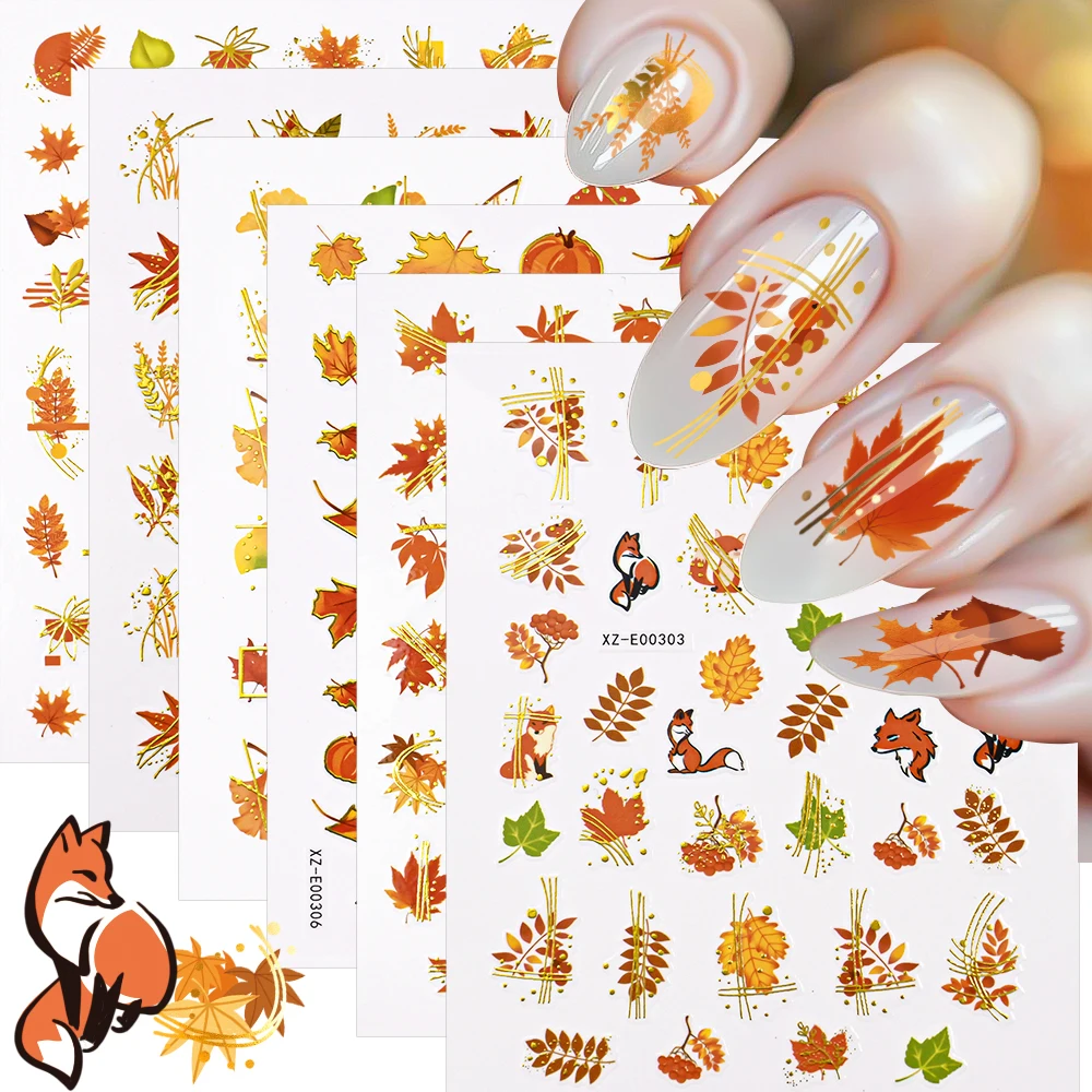 6 uds hojas de Ginkgo naranja calabazas trigo calcomanías para uñas zorro/hoja de arce pegatinas doradas para uñas Set líneas doradas deslizador de manicura de otoño