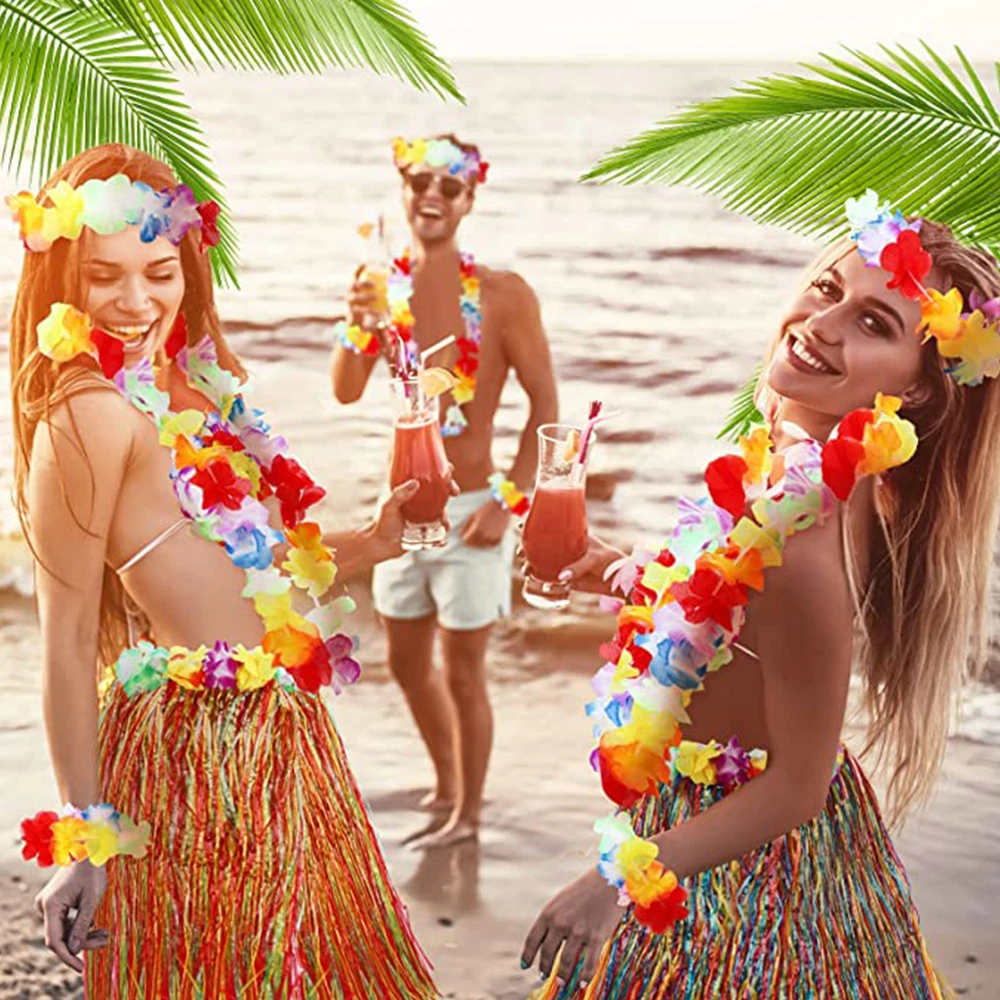 6 pièces/set Collier guirlande d'Hawaï, ensemble jupe en paille tropicale d'Hawa