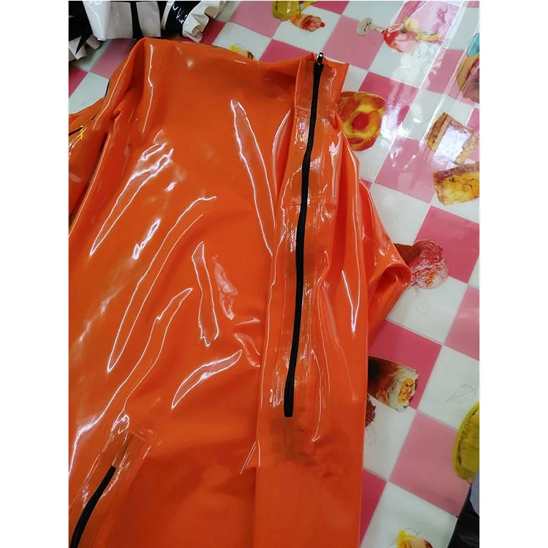 Handmade Men Latex Catsuit Orange Jumpsuit with 2 Front Zippers Customize Fetish Rubber Bodysuit Cosplay Costumes