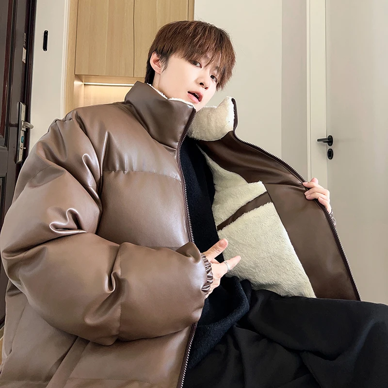 

Men's Winter Thiened Fce Lined Lamb Velvet Jaet PU Leather Cotton Coat Warm Casual Loose Fit Sle Youth ular