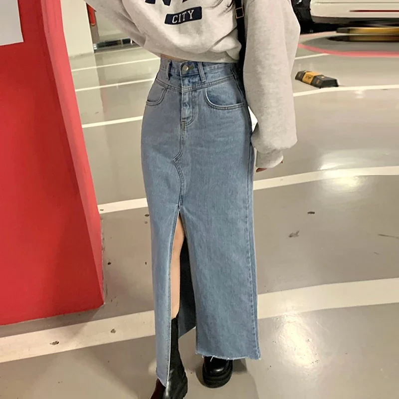 

Spring Vintage Fashion High Waist Sexy Mujer One Button Split Long Denim Skirt for Women Korean Fashion Clothing