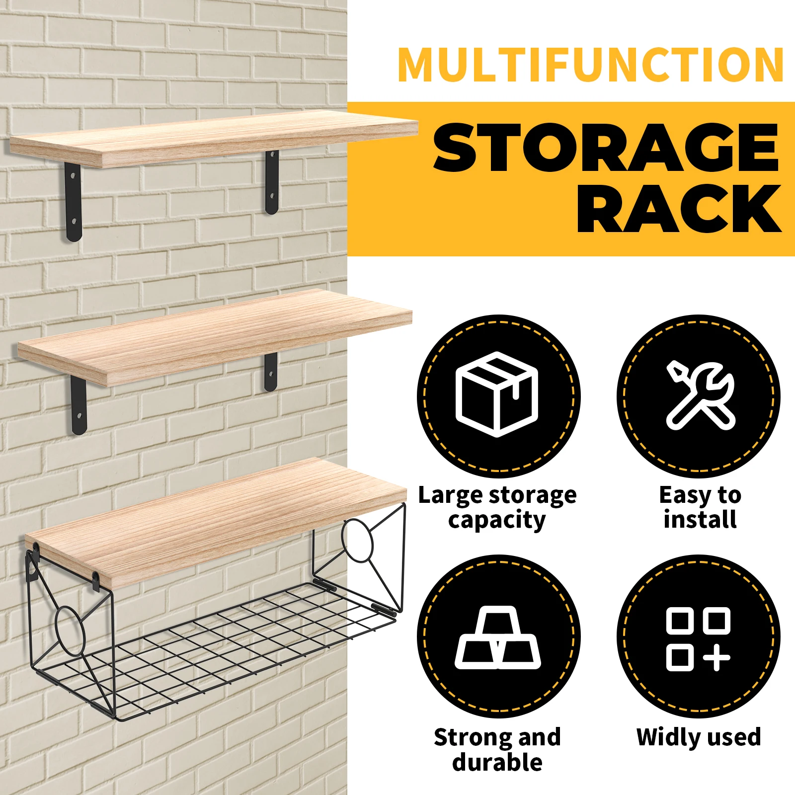 Floating Shelves Robust Wall Hanging Shelf with Storage Basket Metal Bracket Storage Shelf Multi Functional Storage Shelf