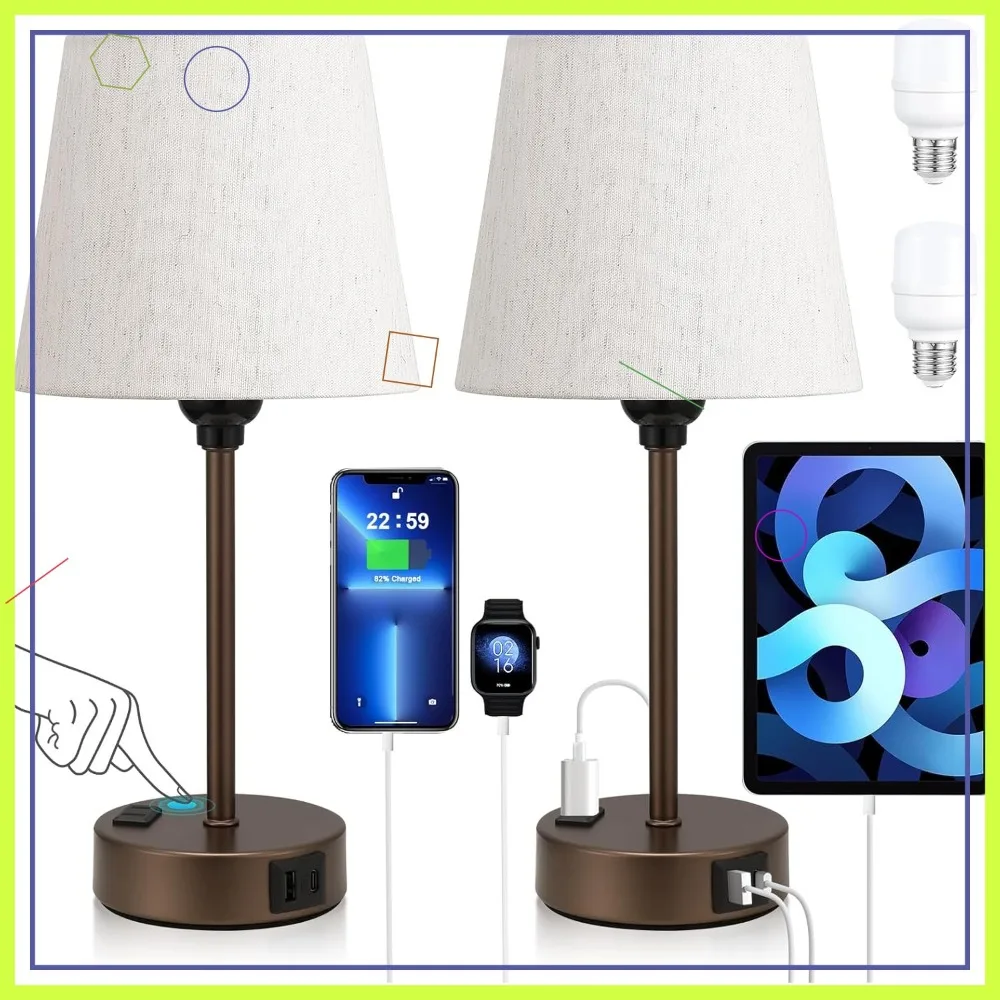 

Набор из 2-х коричневых прикроватных светильников с USB-C и розеткой переменного тока, с сенсорным управлением и регулировкой яркости, для прикроватной тумбочки или детской комнаты