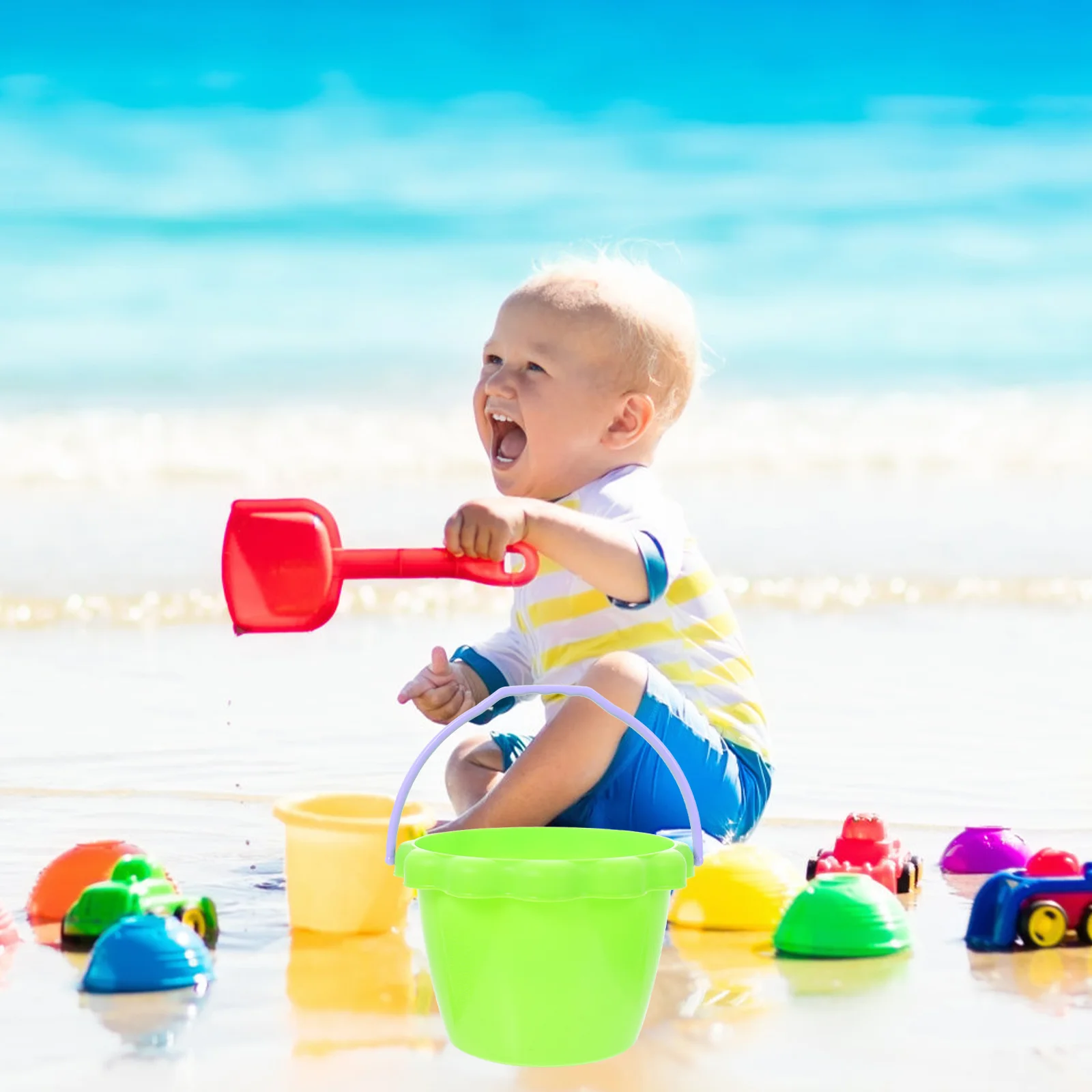 Mainan ember pantai mainan pasir anak, 5 buah alat bermain anak-anak, berkemah, memancing, ember portabel