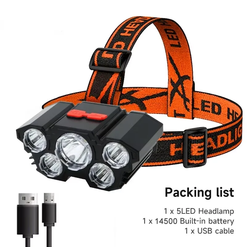 5 LED Flashlight Rechargeable with Built in 14500 Battery Strong Light Camping Adventure Fishing Head Light Headlamp