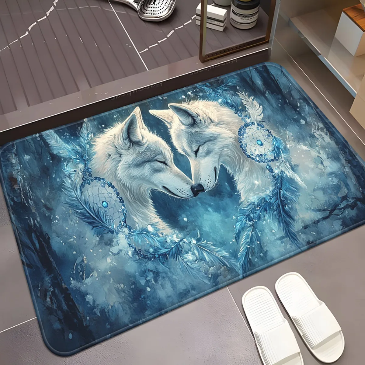 1pc Dream Catcher White Wolf Couple Door Mat Romantic Animal Art Design Blue Tone Decorative Rug For Bedroom Living Room