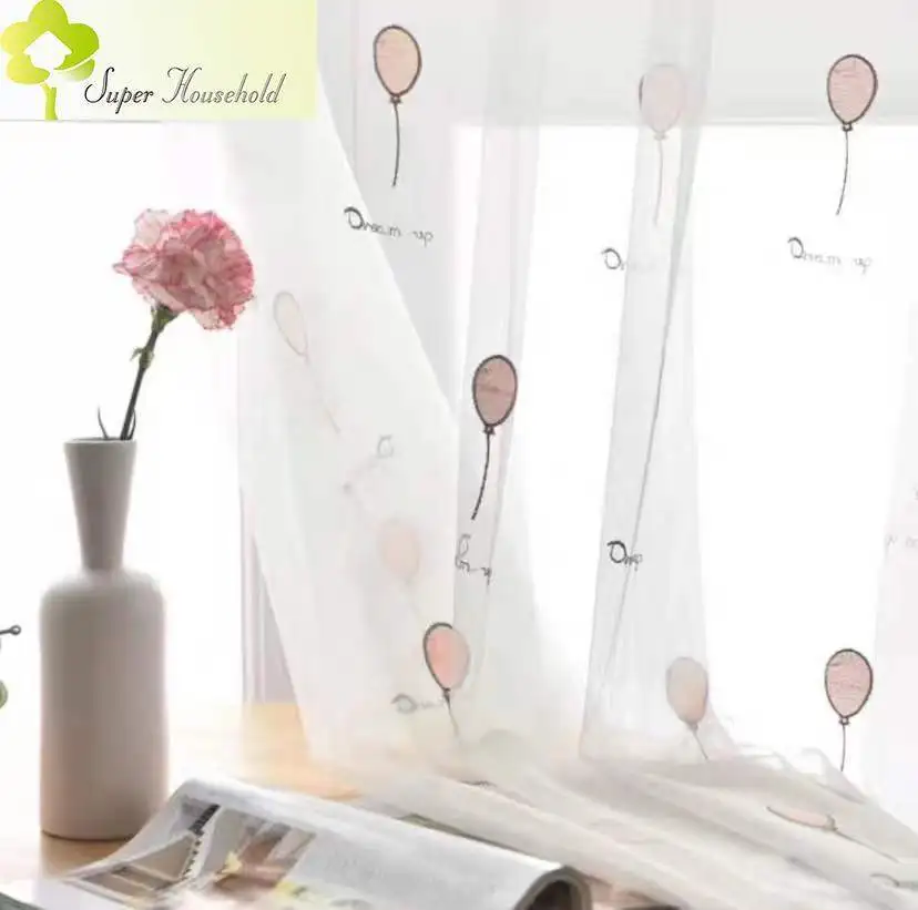 White Yarn Cartoon Balloon Embroidered Tulle Curtains for Children\'s Room Kids Bedroom Sheer Window Screens